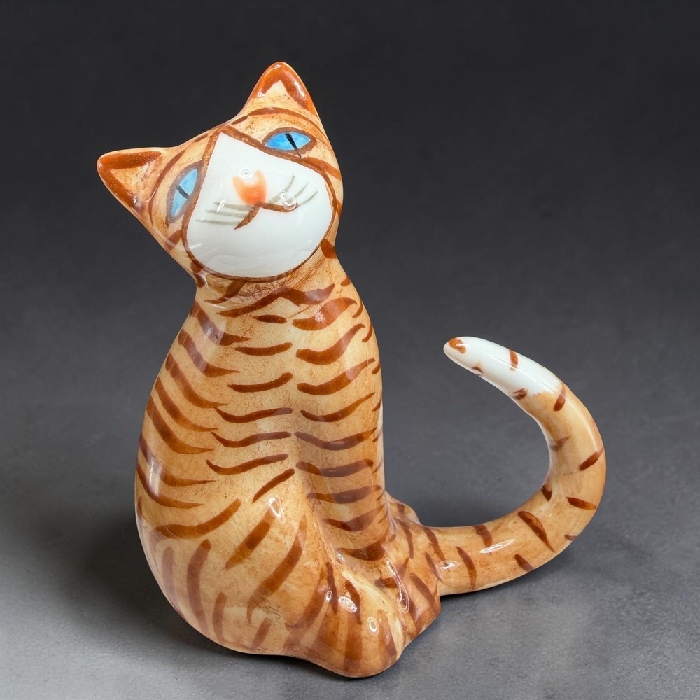 Vintage Fine Bone China Orange Tabby Cat Figurine Blue Eyes Ginger Striped 3in